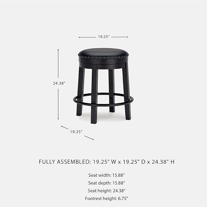 Signature Design by Ashley Valebeck Casual Round Faux Leather Upholstered Backless Counter Height Bar Stool with Footrest and Nailhead Trim, Black