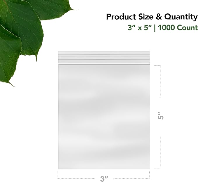 3 x 5 Inch Resealable Plastic Bags 1000 Pack — Clear Reclosable Zipper Seal Bags for Jewelry, Beads, Small Parts, Crafts, Party Favors