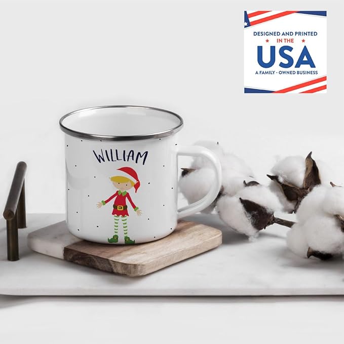 Andaz Press Personalized Name 11oz. Kids Christmas Hot Chocolate Stainless Steel Campfire Coffee Mug, Red Boy Xmas Elf Standing, 1-Pack, Custom Child’s Birthday Xmas Cup Christmas Hot Chocolate Mug