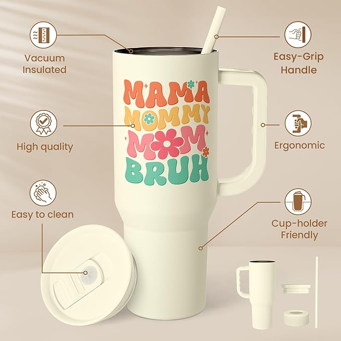 Mom Tumbler with Handle 40oz, Mama Mommy Mom Bruh Cup Stainless Steel Insulated Tumblers Coffee Travel Mugs, Gifts for Moms from Daughter Son, Best Mother Gift for Birthday Christmas Mothers Day