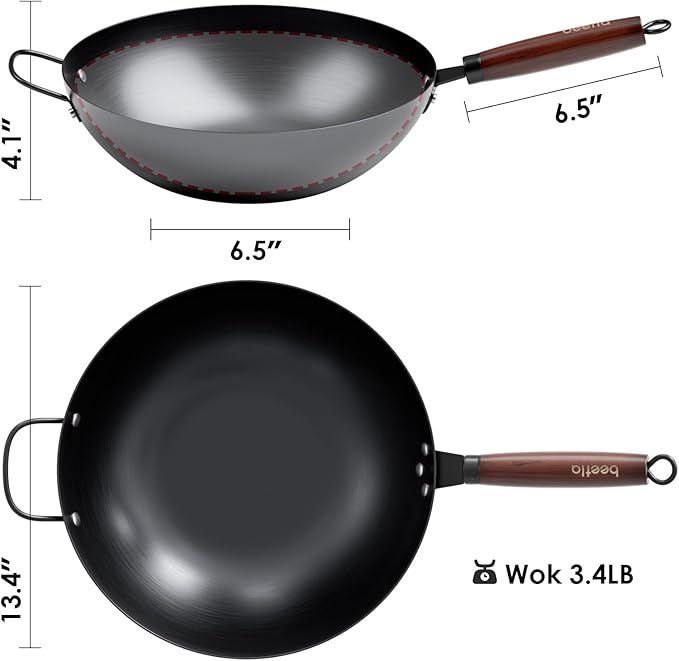 Steel Wok Pan, 11.8-inch/12.6-inch/13.4-inch Stir Fry Pans Chinese Wok Flat bottom Iron wok for Induction, Electric, Gas, Halogen All Stoves Ideal for Stovetop Cooking (13.4-inch)
