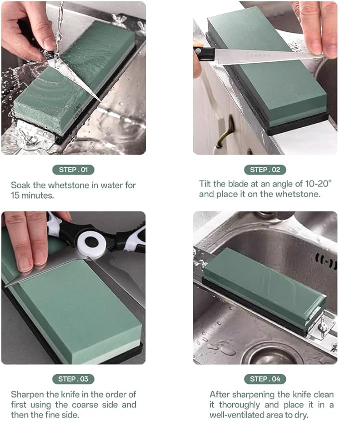 YKLP Knife Sharpening Stone,Whetstone Set Kitchen Knife Sharpener Stone 2 Side 400/1000 Grit,Wet Stones for Sharpening Chisel Blades, Knives, Scissor Blades with Non-slip Rubber Base and Angle Guide