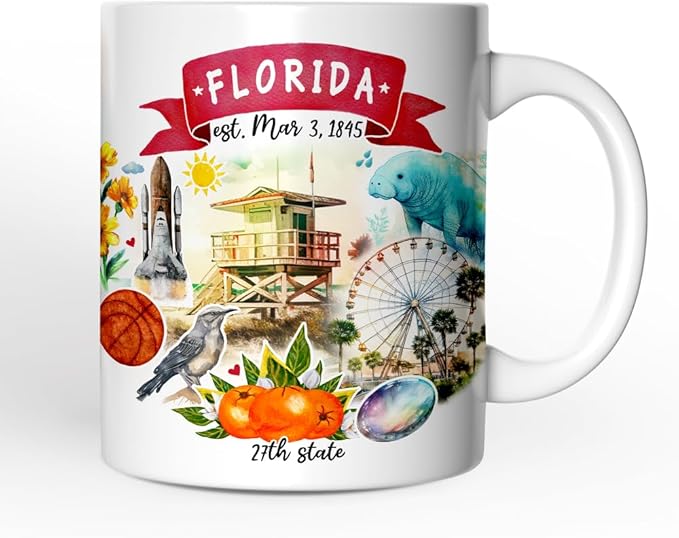 OrnamentallyYou State Travel Landmark Mugs – 12 oz Ceramic Coffee Cups, U.S. Souvenir Gift for Tourists (Artistic Florida State Themes and Landmarks Mug)