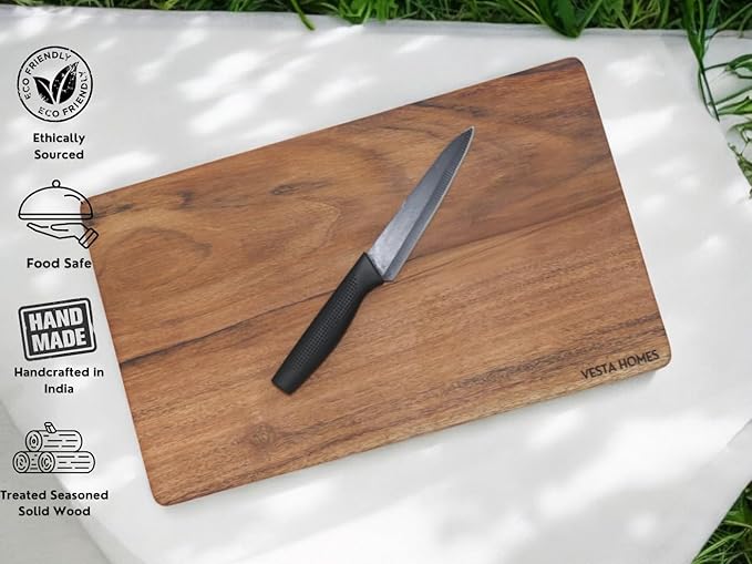 Vesta Homes Single Block Wooden Chopping/Cutting Board for Kitchen Vegetables, Fruits & Cheese | Natural Acacia Wood | Natural Color, 15 x 9 x 1 inches | Handcrafted in India
