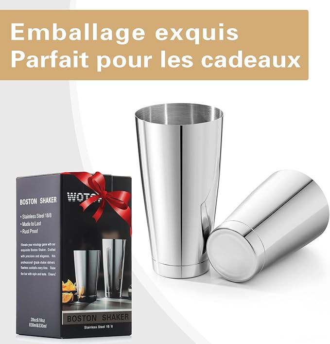 WOTOR Boston Cocktail Shaker Set, 18 oz & 28 oz Stainless Steel Weighted Shaker Tins, Metal Martini Shaker Drink Mixer for Bartending, professional Bar Tools for Bartender