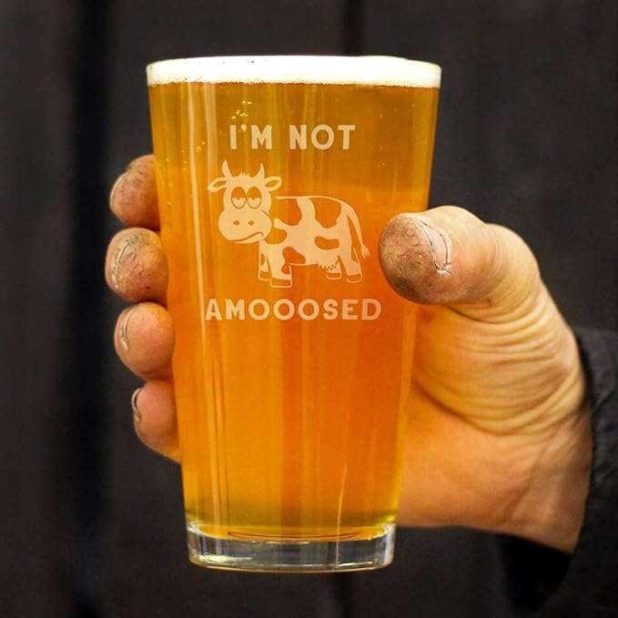 Not Amooosed - 16 oz Pint Glass for Beer - Funny Cow Gifts for Men & Women - Fun Cow Themed Decor