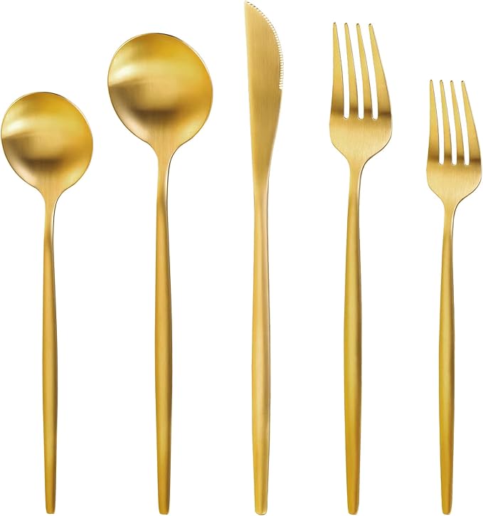 MIKIWAY 60-Piece Stainless Steel Flatware Set, Matte Golden Cutlery, Includes Spoons, Forks, Dishwasher Safe