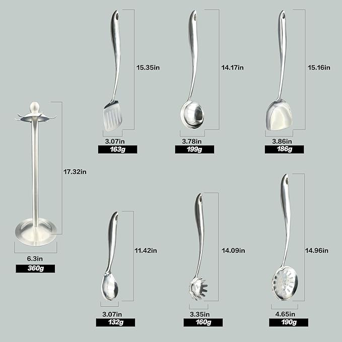 Stainless Steel Cooking Utensils Set with Holder, 7-Pieces All Metal Kitchen Utensils, 15’’ Long Kitchen Tools with Countertop Rotating Stand, Spatula, Ladle, Skimmer, Tunner, Pasta, Large Spoon