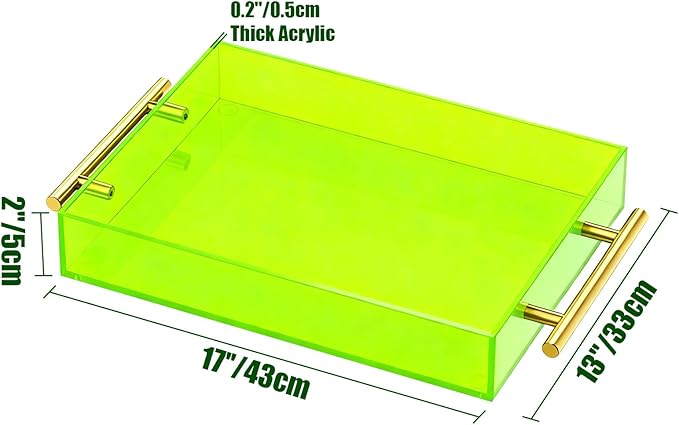 Acrylic Serving Tray with Handles Large Ottoman Food Decorative Tray for Coffee Table Tea Fruit Snack Kitchen Bar Platter, 17x13’’, Neon Green
