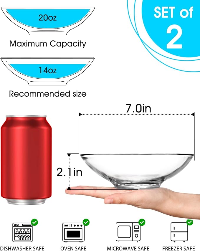 NUTRIUPS 2 Pack 7 inch Tempered Glass Bowls, 14oz Glass Cereal Bowls Set, Shallow Glass Dessert Serving Bowls, Clear Glass Bowls for Kitchen, Salad, Soup, Ice Cream and Candy