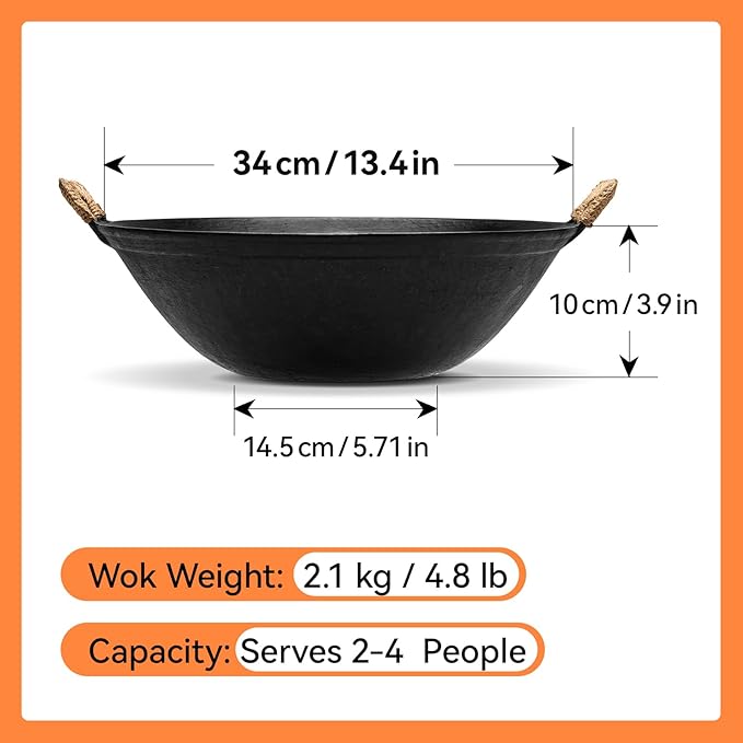 WANGYUANJI 13.4 Inch Cast Iron Wok with Wooden Lid and Stainless Steel Spatula, Flat Bottom Double-Handle Chinese Stir Fry Pan, Uncoated Cast Iron Wok for Induction, Gas and Electric Stoves