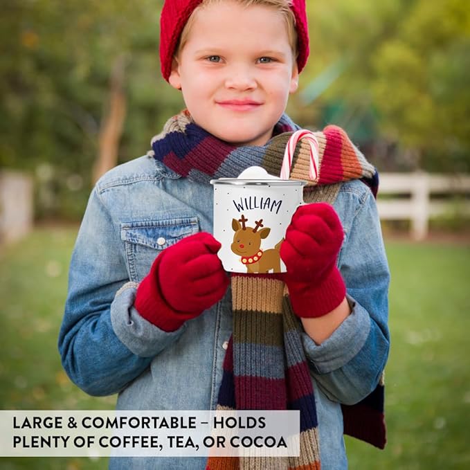 Andaz Press Personalized Name 11oz. Kids Christmas Hot Chocolate Stainless Steel Campfire Coffee Mug, Adorable Rudolph Reindeer Red Collar, 1-Pack, Custom Birthday Xmas Cup Kids Hot Chocolate Mug