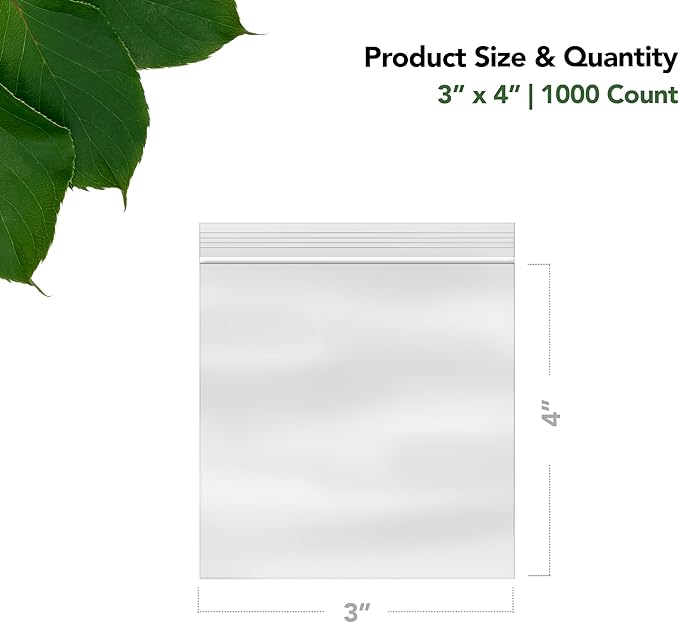 3 x 4 Inch Resealable Plastic Bags 1000 Pack — Clear Reclosable Zipper Seal Bags for Jewelry, Beads, Small Parts, Crafts, Hardware