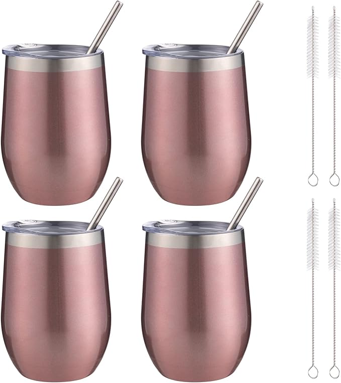12 oz Insulated Wine Tumbler with Lid and Straw,Stainless Steel Stemless Wine Tumbler Glasses Double Wall Vacuum Wine Cups Bulk for Coffee,Champaign,Cocktail,Office(Rose Gold,4)