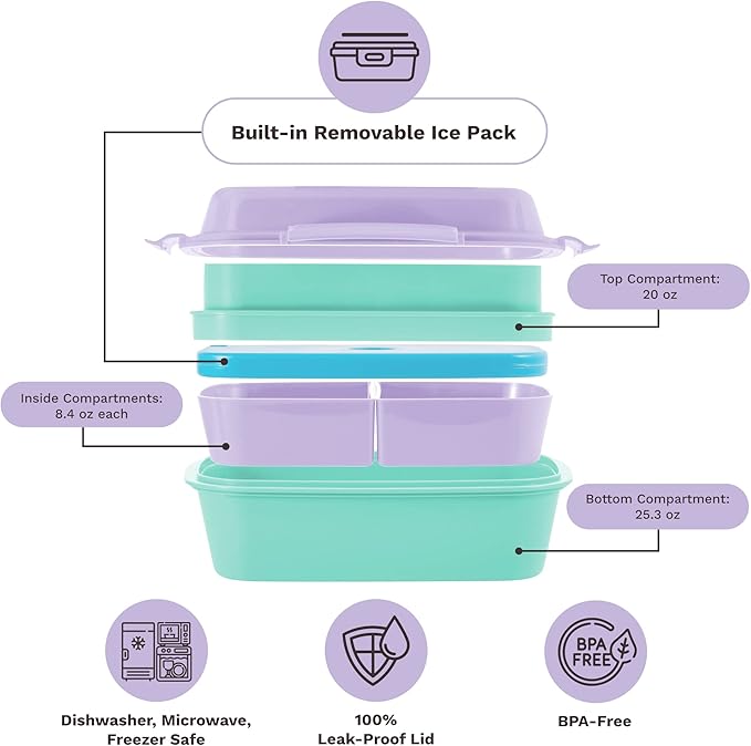 Ultimate Bento Box - Lunch Box for Kids & Adults with Removable Ice Pack - Leakproof, Multi-Compartment Food Container with Removable Containers - Microwave & Dishwasher Safe(Purple, Green, Purple)