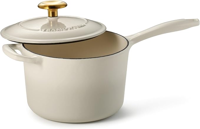 Tramontina Bestow Enameled Cast Iron Sauce Pan with Lid, 2.5-quart, Latte with Gold Knob