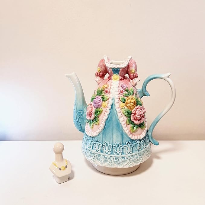 Large Ceramic Teapot and Coffee Pot with Lid, 3D Embossed Victoria Pink Rose Flowers Decorative Teapot (Multicolour)