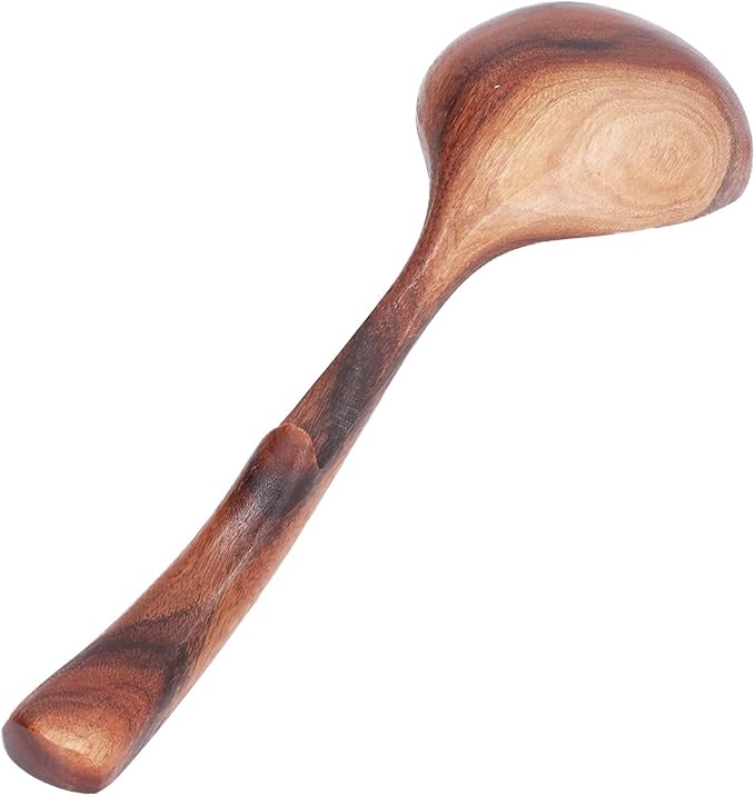 Wooden Ladle Spoon, Long Handle Wood Teak Soup Deep Serving Spoon Porridge for Cooking Kitchen Smooth Finish Lightweight Natural Texture Sustainable Handcrafted Versatile Utensil(7.87×2.36in)
