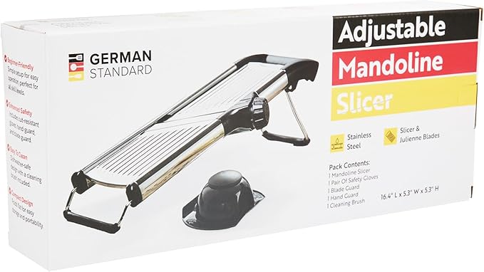 Restaurantware Stainless Steel Adjustable Mandoline Slicer - German Standard Vegetable Slicer with Blade Guard, Cut-Resistant Gloves, Cleaning Brush - Food Slicer for Potato, Onions, Cucumbers, Tomato