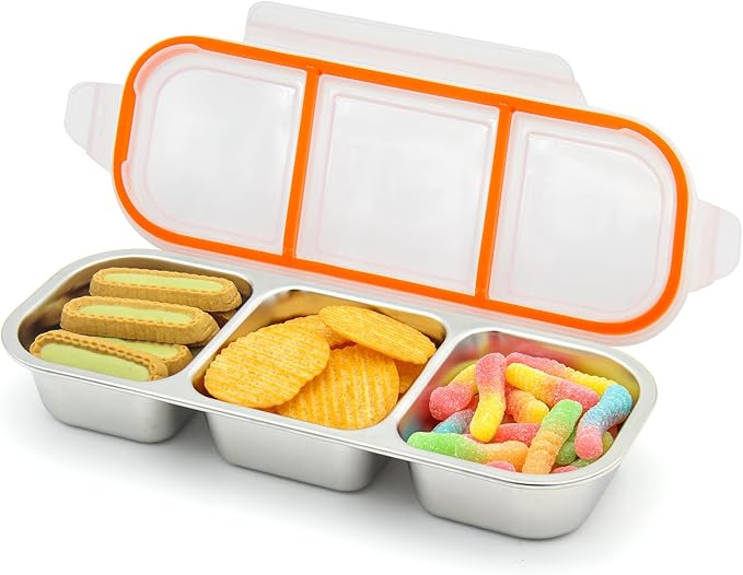 Stainless Steel Snack Containers with Lids, Reusable 3 Compartment Condiment Boxes, Stainless Steel Children's Fruit Box for School,Travel, Office and Outdoors