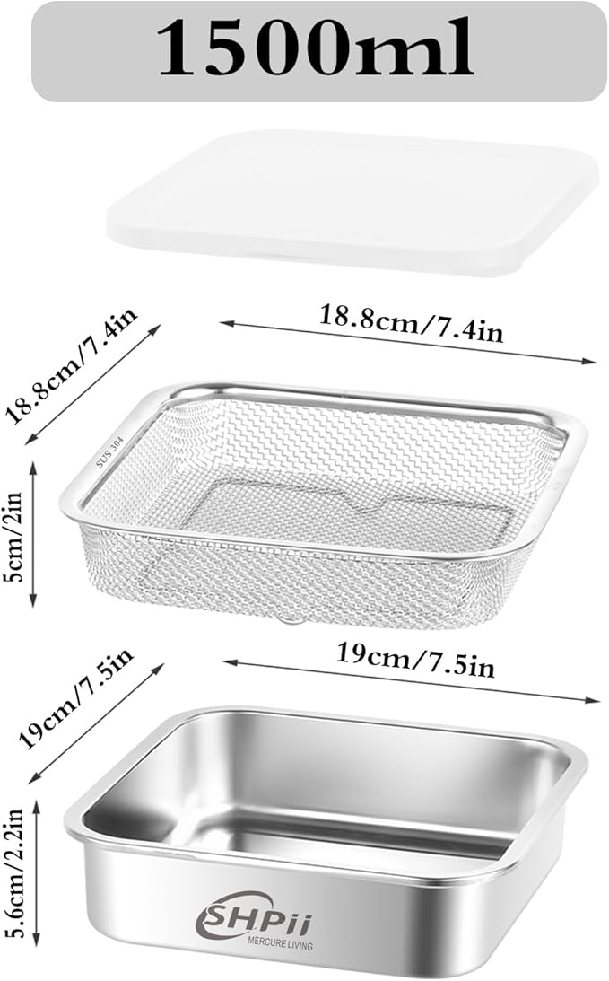 Square Colander Set,304 Stainless Steel with PE Lid,Storage Container,Prep,Tofu Drainer,Shellfish Drainer,Back of House Preparation,Refrigerator Storage,Picnic Party (1500ML)