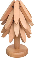 Wooden Trivets for Hot Dishes, Tree Shape Trivet Set, Tree Coasters Mats, Foldable Heat Resistant Pads, 4 Wooden Trivets+1 Stand, Pot, Bowl, Teapot, Countertop (Beech)