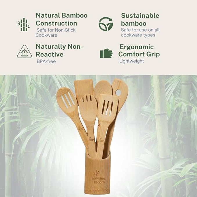 6 Piece kitchen utensils set - bamboo cooking utensils with comfort grip, including utensil holder, bamboo spoons, shovels & spatulas | wooden utensil set for non-stick pans, kitchen essentials