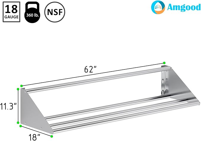 AmGood 62 in. Stainless Steel Tubular Glass Rack Shelf. Holds 3 Dish Racks. NSF.