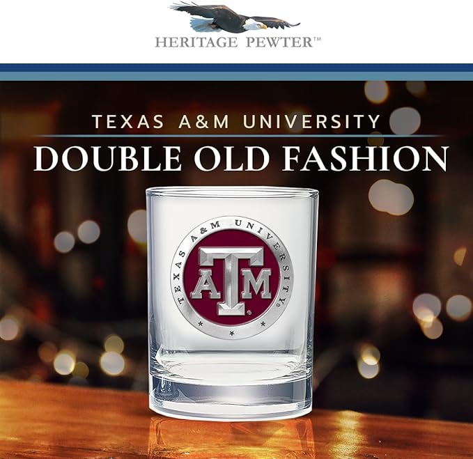 Heritage Pewter Texas A&M Double Old Fashion | Double Rocks Glass 14 OZ for Liquor | Expertly Crafted Pewter Glass