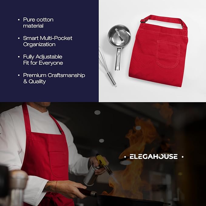 Unisex Apron with Pockets for Cooking, Salon & Art - 100% Cotton Adult Kitchen, Chef, Stylist Apron (Red)