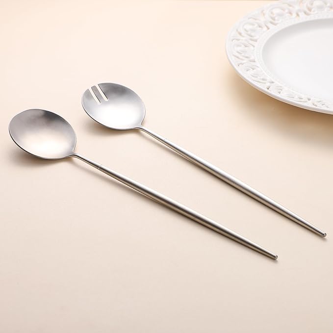 8-Piece Silver Salad Serving Set - 11.4 inch Stainless Steel Spoon & Fork with 6 Salad Forks, Titanium Plating, Dishwasher Safe for Entertaining, Parties