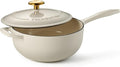 Tramontina Bestow Enameled Cast Iron Saucier Pan with Lid, 3-quart, Latte with Gold Knob