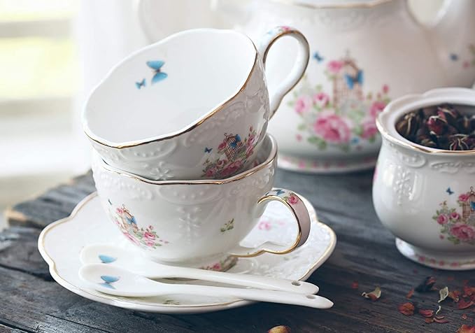YBK Tech Strengthen Porcelain Coffee Pot Ceramic Teapot- Pink Rose (Teapot+ 2 sets of cup and saucer)