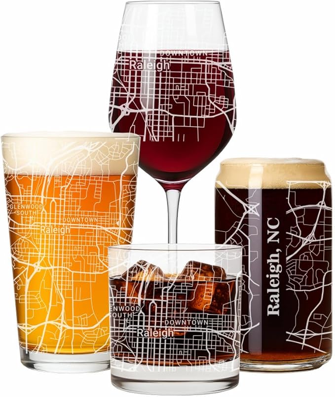 Blue Ridge Mountain Gifts - Raleigh Souvenir - North Carolina Glassware Gift, Etched City Map, Laser Engraved and Dishwasher Safe