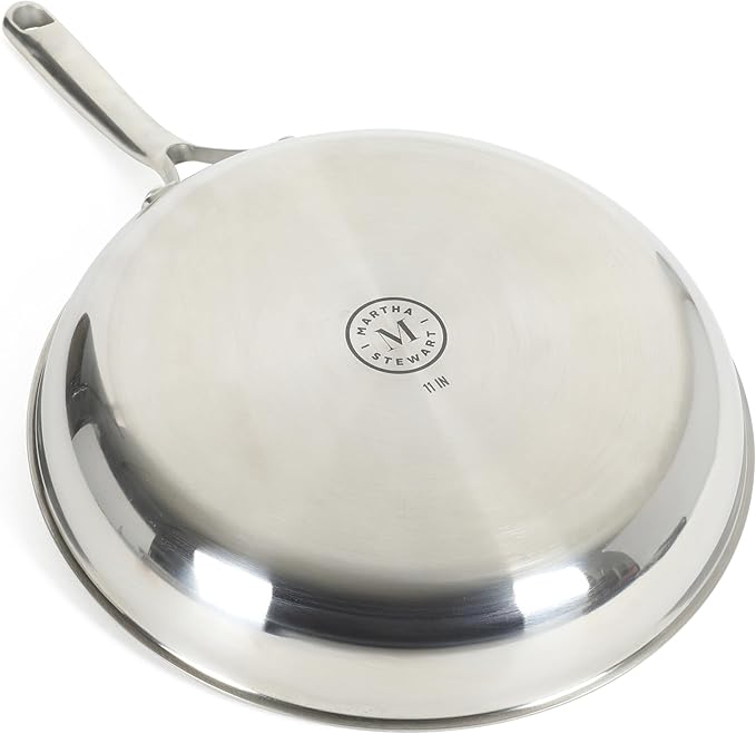 Martha Stewart Badgley Hybrid Nonstick 11 Inch TriPly Stainless Steel Large Fry Pan & Stay Cool Handle - Laser Etched Non-Toxic Nonstick Skillet - Dishwasher and Induction Safe