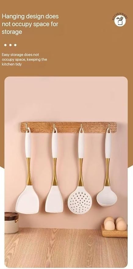 8-Piece White Kitchen Utensil Set with Gold Handles, Stainless Steel Cooking Tools, Includes Spatulas, Ladle, Spoons for Nonstick Cookware (Gold and White)