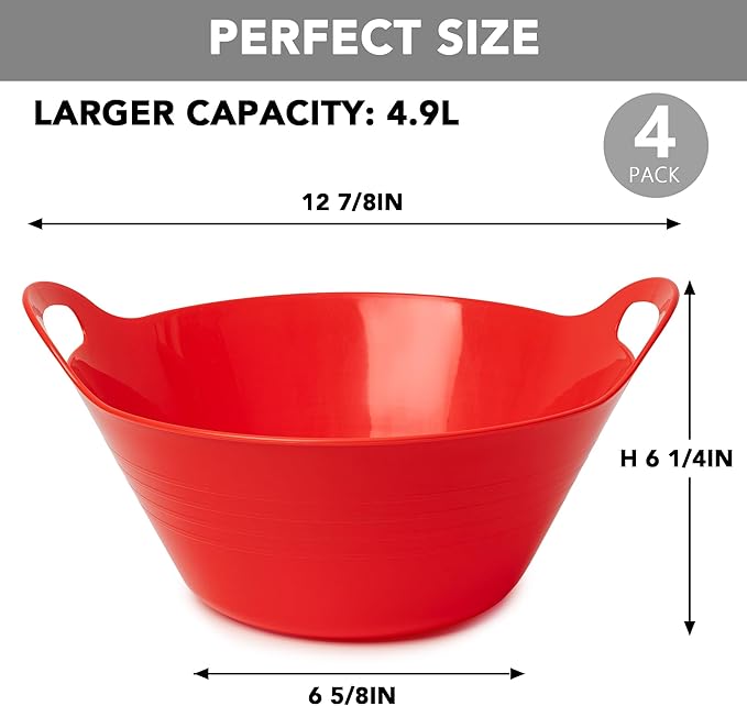 Tiawudi 4 Pack Snack Bowls (4.9L Large), Plastic Serving Bowls for Party, Large Bowls with Handles for Kitchen, Fruit, Cereal, Candy, Salad and Chip, Microwave Safe