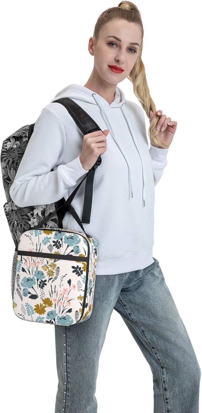 FREEHOTU Floral Pattern Lunch Bag Double Insulated Leakproof Lunch Box Tote Bag Cooler Lunch Organizer for Work Picnic Travel Camping