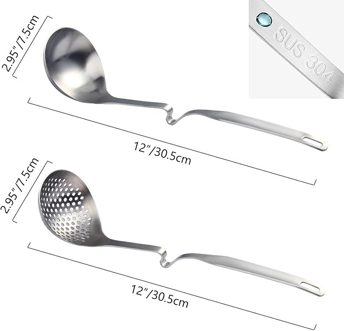 304 Stainless Steel Soup Ladle Hot Pot Ladle Strainer Scoops Set for Cooking, Serving, Soups, Sauces, Stews and More, Silver, 12-Inch (2 Pieces)
