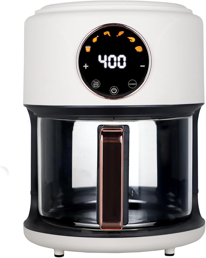 4.7QT Glass Air Fryer, 360° Viewable Glass Air Fryer Non Toxic, 6-IN-1 Preset Cook Modes, Digital Display, Adjustable Temp 100F - 400F, Nonstick, Dishwasher Safe, White