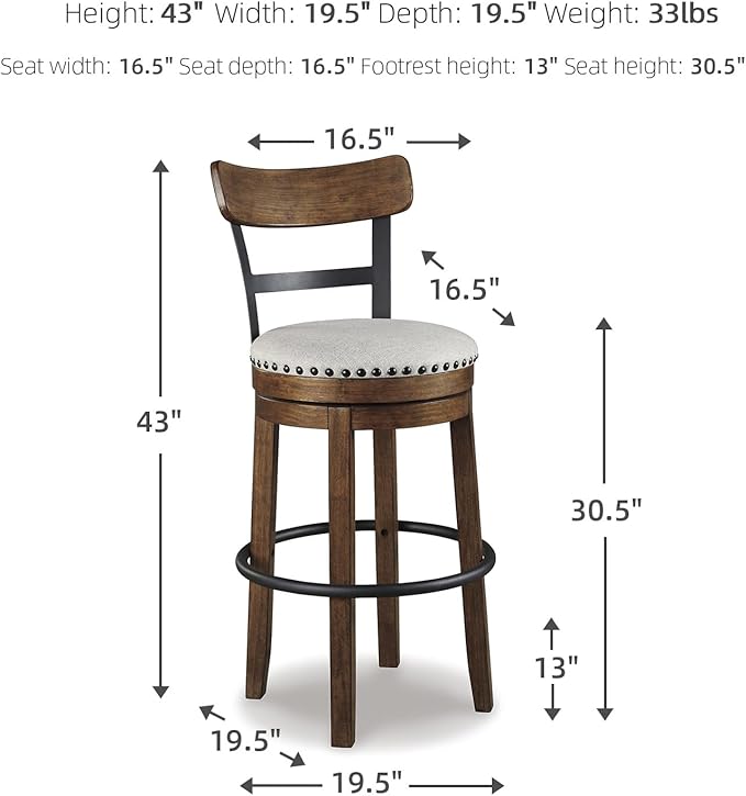 Signature Design by Ashley Valebeck | 30″ Farmhouse Pub-Height Swivel Barstool With Back – Upholstered Cushion, Nailhead Trim, Metal & Wood Frame, Brown