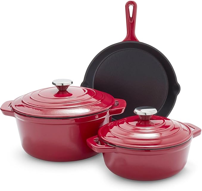 Sur La Table Enameled Cast Iron Cookware Set – Includes 5-Qt & 2.5-Qt Dutch Ovens with Lids and 10" Skillet, Oven to 500°F, Induction Compatible, Essential Starter Gift Set, Red