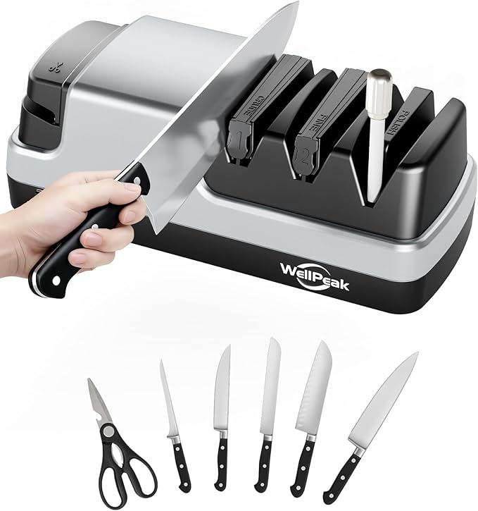 Multifunctional 4-Stage Electric Knife & Scissor Sharpener, Diamond Abrasive for Straight Edge Chef Knives, Detachable Ceramic Hone Rod for Serrated Knives Polishing