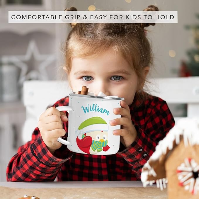 Andaz Press Personalized Name 11oz. Kids Christmas Hot Chocolate Stainless Steel Campfire Coffee Mug, Festive Red Owl Blue Green Scarf, 1-Pack, Custom Child’s Birthday Xmas Cup
