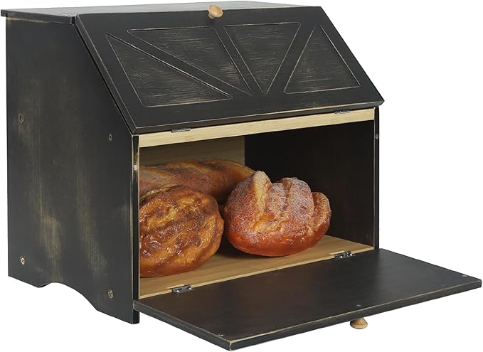 HOMEKOKO Double Layer Large Bread Box for Kitchen Counter, Wooden Large Capacity Bread Storage Bin (Rustic Black)