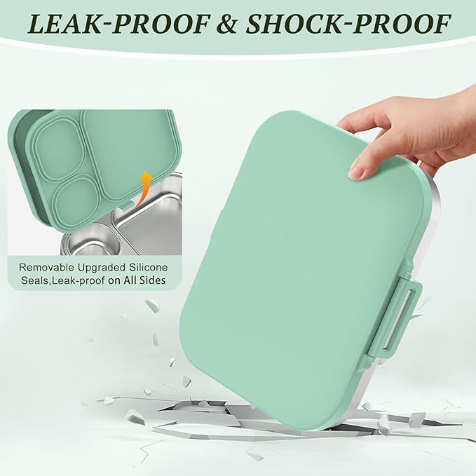 Stainless Steel Lunch Box: Metal Bento Box for Kids Adults - Leak-Proof 3 Compartments,Green