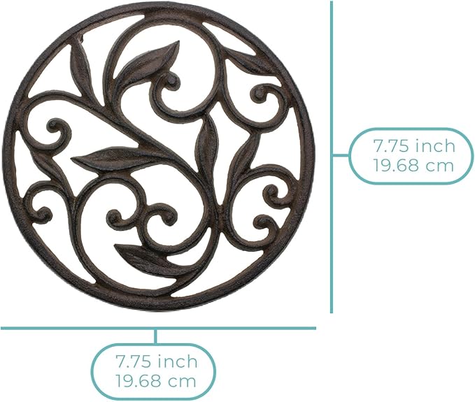 Comfify Cast Iron Trivet – Round Vintage Pattern for Kitchen or Dining Table – 7.7" Diameter – Rust Brown