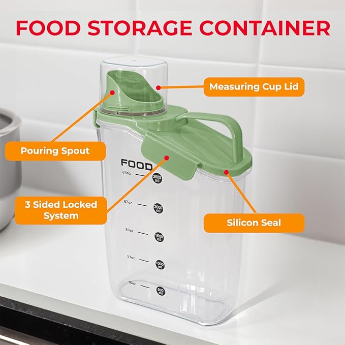 Two Pack Food & Cereal Storage Container - 2.6L Airtight Plastic Kitchen Organizer Bin with Pouring Spout, Measuring Cup Lid, Ideal for Dry Food, Rice, Sugar, Pet Food dispenser - BPA free (Green)