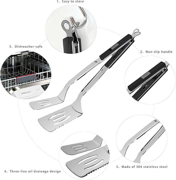 13.5-inch Stainless Steel Tongs for Cooking – Versatile Metal Spatula Tongs for Flipping, Picking Up, Cutting, and Stir-Frying Meats and Other Foods. Kitchen Tongs Durable and Multifunctional.(Black)