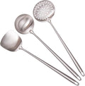 17” Wok Spatula and Ladle, Skimmer Spoon - 304 Stainless Steel Wok Tools Set, 3-Pieces Extra Long Handle Cooking Tools, All Metal Wok Utensils and Wok Accessories for Cast Iron/Carbon Steel Wok